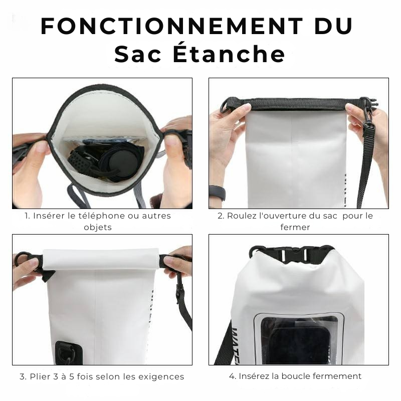Sac étanche de 2L avec Écran tactile, Idéale pour la Plage, Rafting, Sports nautiques